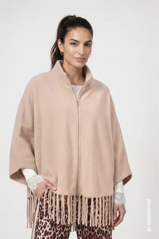 monari - Strickcape mit Fransen cappuccino - Gr. - 44