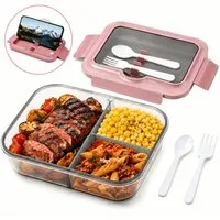 Diwzbyn Lunchbox Lunchbox 1400ml, 3 Fächer, Mit Löffel & Gabel, Auslaufsicher, Mikrowellen- & Spülmaschinengeeignet, Deckel als Handyhalter
