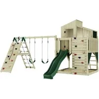 OutdoorToys Spielturm Finn, aus Holz in Dunkelgrün mit Kinderschaukel & Rutsche, Kletterwand
