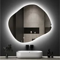 WDWRITTI Badspiegel LED Spiegel Badspiegel mit Beleuchtung Modern Dreifarbiges Dimmbar (Dekospiegel Asymmetrisch Spiegel, 84x74cm), Energiesparend, IP44