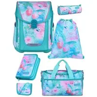 Familando Schulranzen Schmetterling Schultasche, Butterfly türkis, rosa, ab 1. Klasse (Set, 6-tlg., inkl. Federmäppchen und Sporttasche), mit Brustgurt, 1.000 Gramm leicht, 20L Volumen