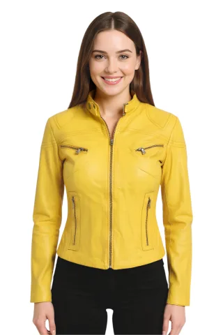 Gelbe, lässige Slim-Fit-Bikerjacke aus Leder für Damen – Tulsa