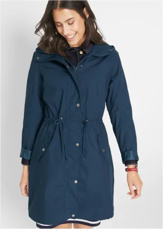 bonprix Parka mit Kapuze, blau, Gr.50, Locker geschnittener Longparka mit Kapuze, tailliert, aus 100% Baumwolle