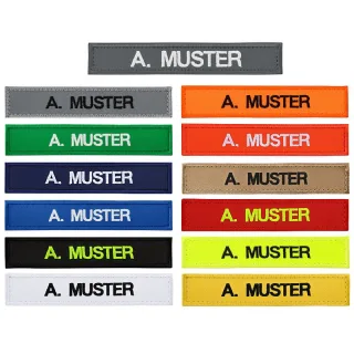 Stick-Namensschild | Wunschtext | individualisierbar | verschiedene Größen & Farben | zum Aufnähen, Aufbügeln oder mit Kletthaken | mehrfarbig neongelb 100x20mm marineblau zum aufbügeln