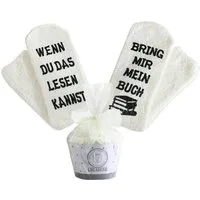 Lucadeau Kuschelsocken Weihnachtsgeschenk, Geschenke für Buch-Liebhaber, bring mir Buch (Cupcake Verpackung, Gr. 37-43) rutschfest, Socken mit Spruch, Geschenk zum Geburtstag, Muttertag