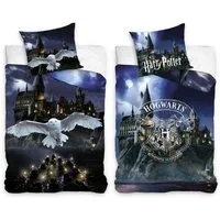 Familando Jugendbettwäsche Harry Potter "Eule" 135x200 80x80 cm - 100% Baumwolle, Reißverschluss, Biber, 2 teilig, mit Wendemotiv Eule Hedwig und Hogwarts