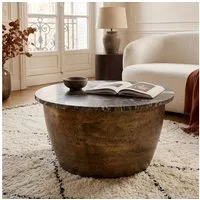 FINEBUY Couchtisch FB116611 Sofatisch Marmor Wohnzimmertisch 60cm rund Tisch Handmade (Extravaganter Tisch in moderner Trommelform), Schwarze Marmorplatte auf massivem Eisen