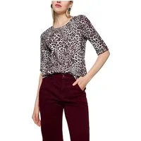 Marc Cain T-Shirt Mon Cherry Premium Damenmode Rippstrick Shirt mit Leo Print, Turn-Up-Ärmel, körpernah