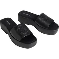 Calvin Klein FLATF SNDL LTH MG Pantolette Strandschuh, Sommerschuh, Flat, Plateauschuh mit CK-Logo