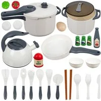 KRUZZEL Spiel-Kochgeschirr Küchenzubehör-Set Kinderspielzeug, (Spar-Set, 32-tlg., Rollenspielfähigkeiten), Mit Töpfen, Pfannen, Besteck, Gemüse, Gewürzen und vielem mehr