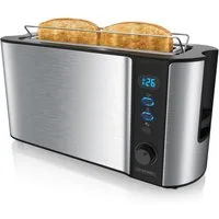 Arendo Toaster Edelstahl, Langschlitz, Display mit Restzeitanzeige, Brötchenaufsatz, 1 langer Schlitz, für 2 Scheiben, 1000 W, Defrost Funktion, Wärmeisolierendes Gehäuse, Krümelschublade