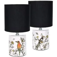 BRUBAKER Nachttischlampe Tischlampe Vogel Design Asiatisch - 1x oder 2er Set - Schirm Schwarz, ohne Leuchtmittel, Designer Lampen mit Keramikfuß, Höhe ca. 30 cm - Tischleuchte