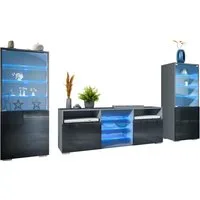 Vladon Wohnwand Granada, (Anbauwand, bestehend aus 2 Vitrinen, 1 TV-Board und LED-Beleuchtung), Anthrazit matt/Schwarz Hochglanz (286 x 122,5 x 35 cm)