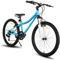 HILAND Mountainbike 24 Zoll Kinderfahrrad ab 6-12 Jahre alt MTB Studenten-Pendlerfahrrad, mit Federgabel 7 Gang, V-Bremse, Hochwertiger Rahmen