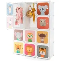 COSTWAY Kinderkleiderschrank mit 2 Kleiderstängen und 12 Würfeln, erweiterbar