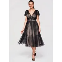 OMBRE Abendkleid Midi Kleid Ausgestellt V-Ausschnitt Cocktailkleid Schwarz S (kein Set, 1-tlg) Mehrlagige Konstruktion, transparente Netzstruktur