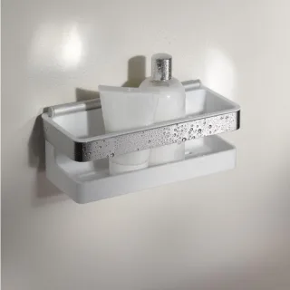 KEUCO Moll Duschkorb 12759010000 mit herausnehmbarem Kunststoff-Einsatz und Glasabzieher, 24 cm, verchromt/weiß