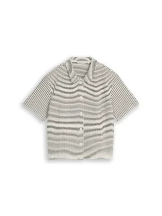Denim Tom Tailor - Boxy Fit T-Shirt mit Streifen white black knit stripe - Gr. - S