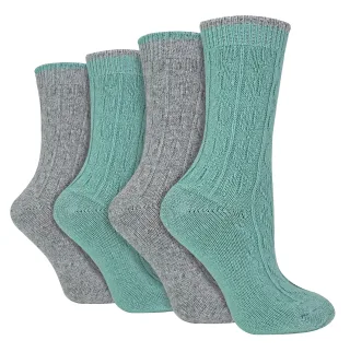 4er Pack Damen Kabelstrick Socken | Wildfeet | Lurex Glitzer Socken für Frauen - Grau/Grün