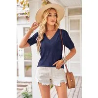 Arach&Cloz Kurzarmpullover Damen Kurzarmpullover V-Ausschnitt-Pullover Sommer Frühling Bluse Strickpullover Basic Oberteile Strick Tops