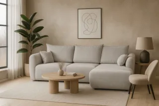 Ecksofa mit Schlaffunktion RUDEN Sofa in Stoff Raven Hellgrau Ottomane Rechts