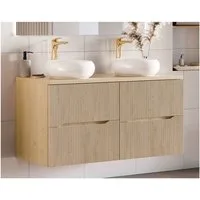 Lomadox Doppelwaschtisch NARPIO-56, 120cm breit mit 2 Aufsatzbecken, Eiche mit gerillter Front, grifflos