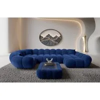 Sofa Dreams Wohnlandschaft Maleron U Form Design Stoffsofa, Stoff Polsterecke, 6-Sitzer, Ottomane rechts, Samtstoff Dunkelblau