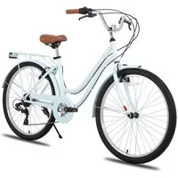 HILAND Cityrad Unisex Citybike 26", 7-Gang, V-Bremse, passend für 165–182cm, Step-Through Rahmen mit Gepäckträger und Korb,7 Gang