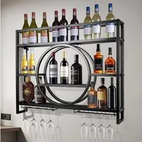 XERSEK Weinregal Wandmontierte Metal Flaschenregal Schwarz Gold Wein Regal Rack Schrank, Platz für 30 Flaschen, Maximale Belastung 50 kg, Klassischer Stil, 3 Ebenen, Aus Kohlenstoffstahl