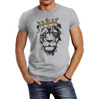 Neverless Print-Shirt Herren T-Shirt König der Tiere Löwen-Kopf mit Krone Slim Fit mit Print