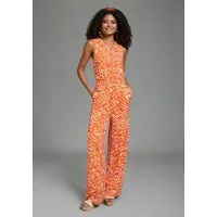 Laura Scott Jumpsuit mit sommerlichem Muster, modisch weites Bein und Knopfleiste