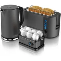 Arendo Frühstücks-Set Wasserkocher 1,5l, 4-Scheiben Toaster, 6er Eierkocher, Cool Grey (3-tlg), Edelstahl, 40°-100°C, LED-Display, 6 Bräunungsgrade, Messbecher