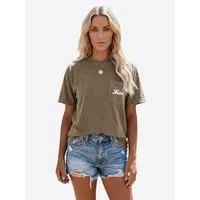 Imily Bela Print-Shirt Damen mit Brusttasche Kurzarm Loose Basic Summer Tops (Packung, 1-tlg., 1per-Pack) mit Rundhalsausschnitt Print in Unifarbe