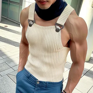 INCERUN Mens Solid Knit Textured Sleeveless Vest Fashion Solid Color Metal Button Strap Tank Top for Men