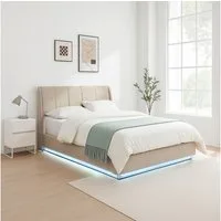 en.casa Polsterbett, »Tröstiar« mit LED-Beleuchtung Bettkasten Leinen 160 x 200 cm Beige