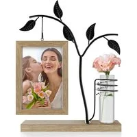 SURFOU Bilderrahmen zum Basteln Holz Bilderrahmen Doppelglas, Schwarz, Moderner Fotorahmen mit Vase, für 2 Bilder (10x15 cm MDF-Konstruktion Metallbaum Bilderrahmen für 2 Fotos, Geschenke für Familie, Freunde, Mama, Oma – Ideal für Geburtstags- und F