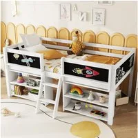 Flieks Hochbett Halbhohes Bett Kinderbett 90x200cm mit Tafel, Ablagefächer und Leiter