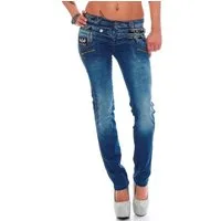Cipo & Baxx Bikerjeans Damen Straight Fit Hose Stonewashed BA-CBW0282 mehrere Logos und aufgenähte Reißverschlüsse