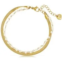 Made by Nami Edelstahlarmband Damen Armband zweireihig gold mit Süßwasserperlen verstellbar, aus Edelstahl – hypoallergen – wasserfest – mit Schlangendesign
