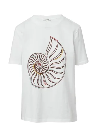 s.Oliver Red Label - Jersey-T-Shirt mit Frontprint und Schmuckperlen weiß - Gr. - 42
