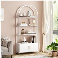 GarveeMore Bücherregal Gewölbtes mit 2 Türen,stabilem Metallrahmen,181cm, 4-stöckiges gewölbtes Ausstellungsregal für Büro,Schlafzimmer,weiß