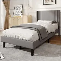ADWOLT Polsterbett Doppelbett mit Kopfteil und Bettgestell (Packung, 1-tlg), 90x200 cm,Jugendbett,360 kg Tragfähigkeit,Leinenstoff – Grau