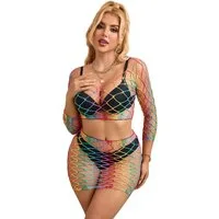 Lau-Fashion Bodystocking Catsuit Rock Neon Zweiteiler Rainbow Fishnet Transparent Stocking S/XL Transparent