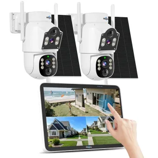 Hiseeu WK-10CA-2TS804 2CH Solar Security System with 10 Inch Touchscreen NVR 4MP Dual Lens PTZ Auto Tracking AI Human Ve