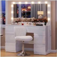 HOMALL Schminktisch mit großem Spiegel, 120 cm, 7 Schubladen, Schmuckschrank (XXL-Spiegel 106×51 cm (30×51 aufklappbar m. Schmuckschrank) · 120 cm · 7 Schubladen · LED-Birne · 2 Steckdosen+USB/Type-C · E1-MDF · 2 Farben · Hocker opt)