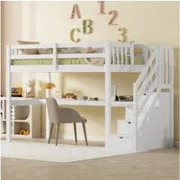 Flieks Hochbett Massivholz Etagenbett Kinderbett 90×200cm mit Treppe und Schreibtisch