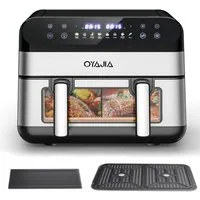 oyajia Heißluftfritteuse Heißluftfritteuse 2 Kammern, 10L Airfryer Doppelkammer Einkammer Verstellbar, 2600W 8 in 1 Heissluftfritteuse Doppelkammer Temperatur Separat Regeln Touchscreen, Doppel Air Fryer XXL Mit Sichtfenster, 2600 W