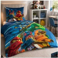 Familando Kinderbettwäsche Lego Ninjago Blau mit Lloyd Jay Kai uvm. aus 100% Baumwolle, Renforcé, 2 teilig, 135x200 80x80cm mit Reißverschluss, Wendebettwäsche