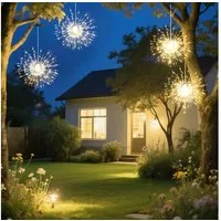 Salcar LED Solarleuchte 4er Solarleuchte Feuerwerk Lichterkette Solarlichter Warmweiß, 2 Lademodi USB & Solar /3 Helligkeitsstufen/8 Leuchtmodi/Timerfunktion