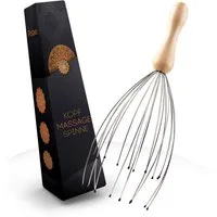 Postavo Massagegerät Kopf Spinne - Kopfmassagegerät mit 20 Fingern & Holz- & Edelstahlgriff, durchblutungsfördernd, ergonomisch, 2 Massageebenen
